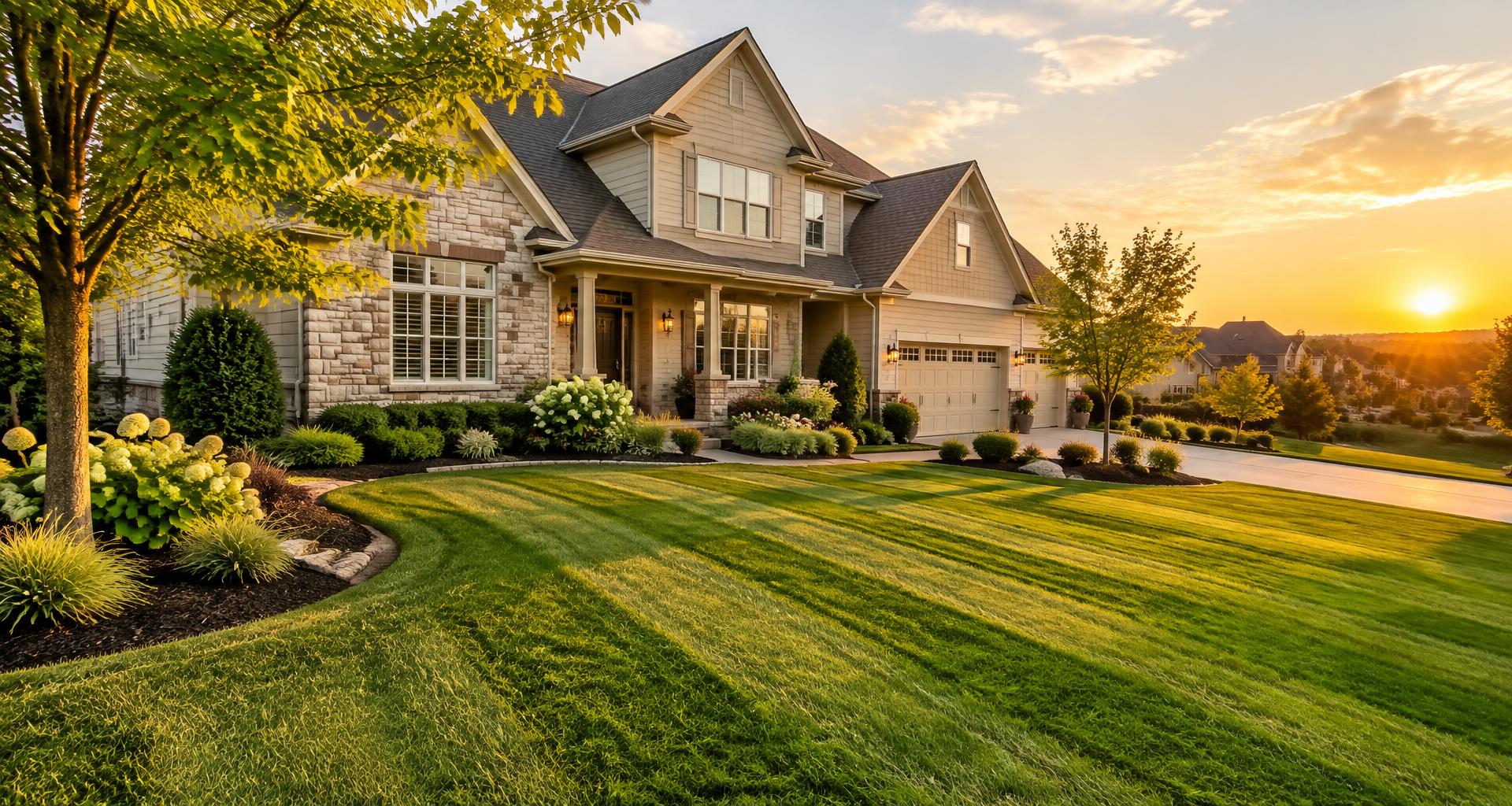 A freshly mowed Kansas City lawn at golden hour